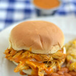 Crock Pot Pulled Chicken Carolina Style BBQ with beans and a grilled corn casserole on the side via flouronmyface.com