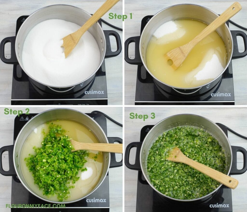 Collage images of the first 3 steps to make Jalapeno jelly.