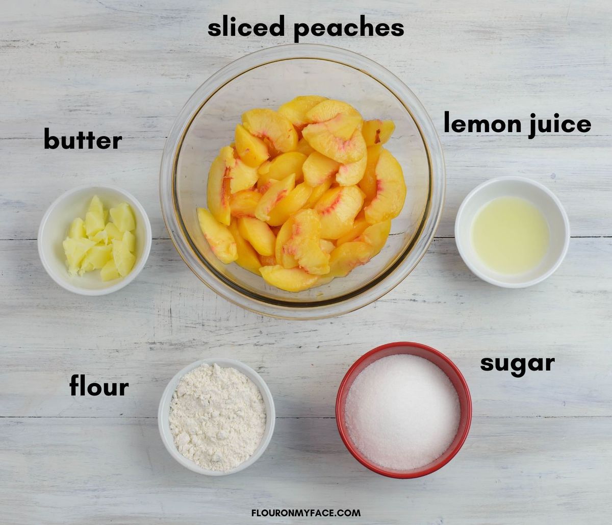 Rustic Peach Pie Ingredients in individual bowls.
