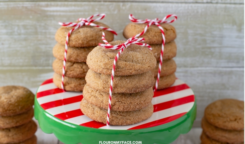 3 stacks of homemade Big soft ginger cookies on a holiday dessert stand