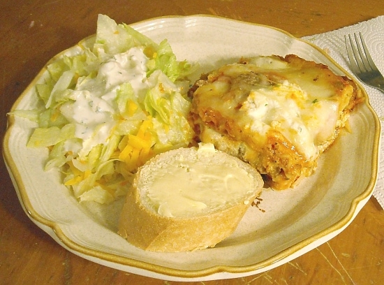 Sausage Lasagna, salad and bread 