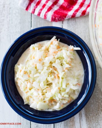 a small serving bowl of homemade sweet coleslaw