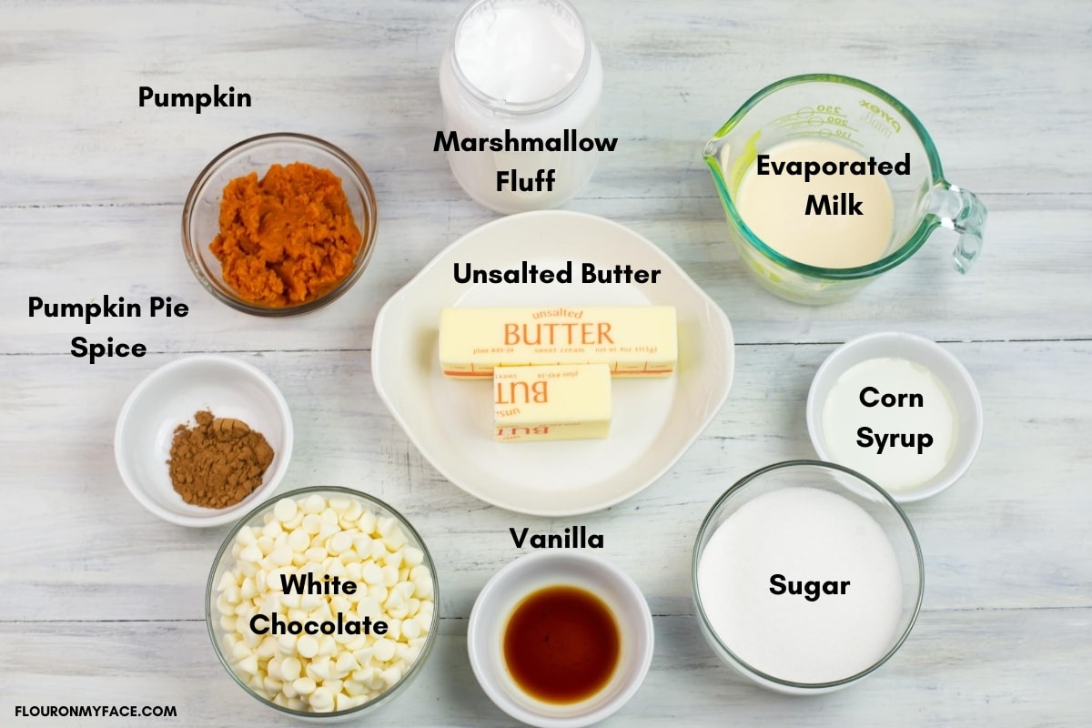 White Chocolate Pumpkin Fudge ingredients in bowls and labeled by ingredient