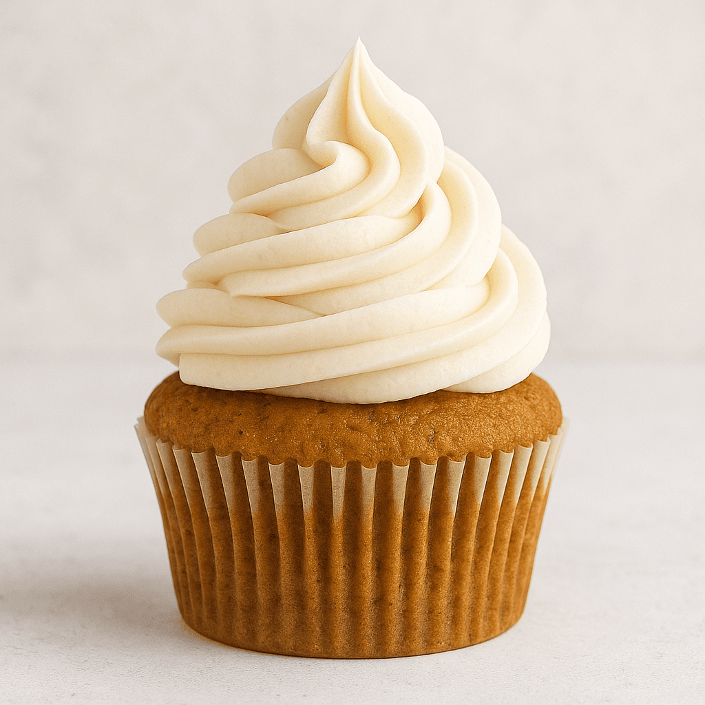Close up of a pumpkin pie spice cupcake with a swirl of buttercream frosting.