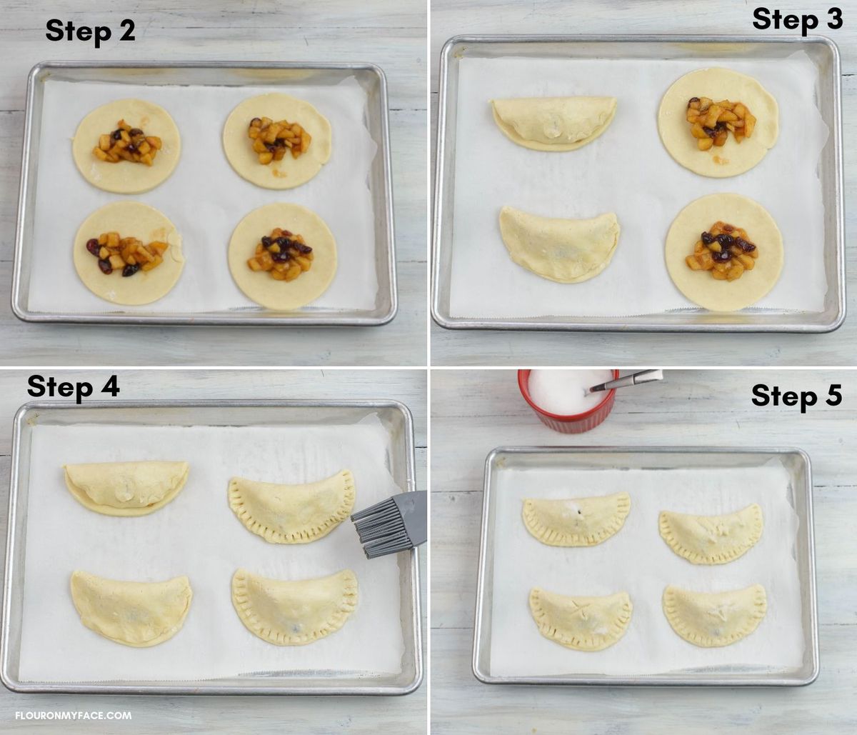 Steps showing how to fold the filling into turnover dough.