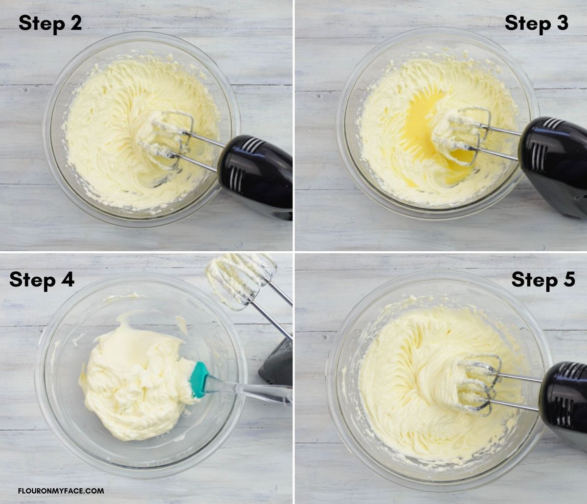 4 steps to combining butter, cream cheese and egg to make a pastry dough.