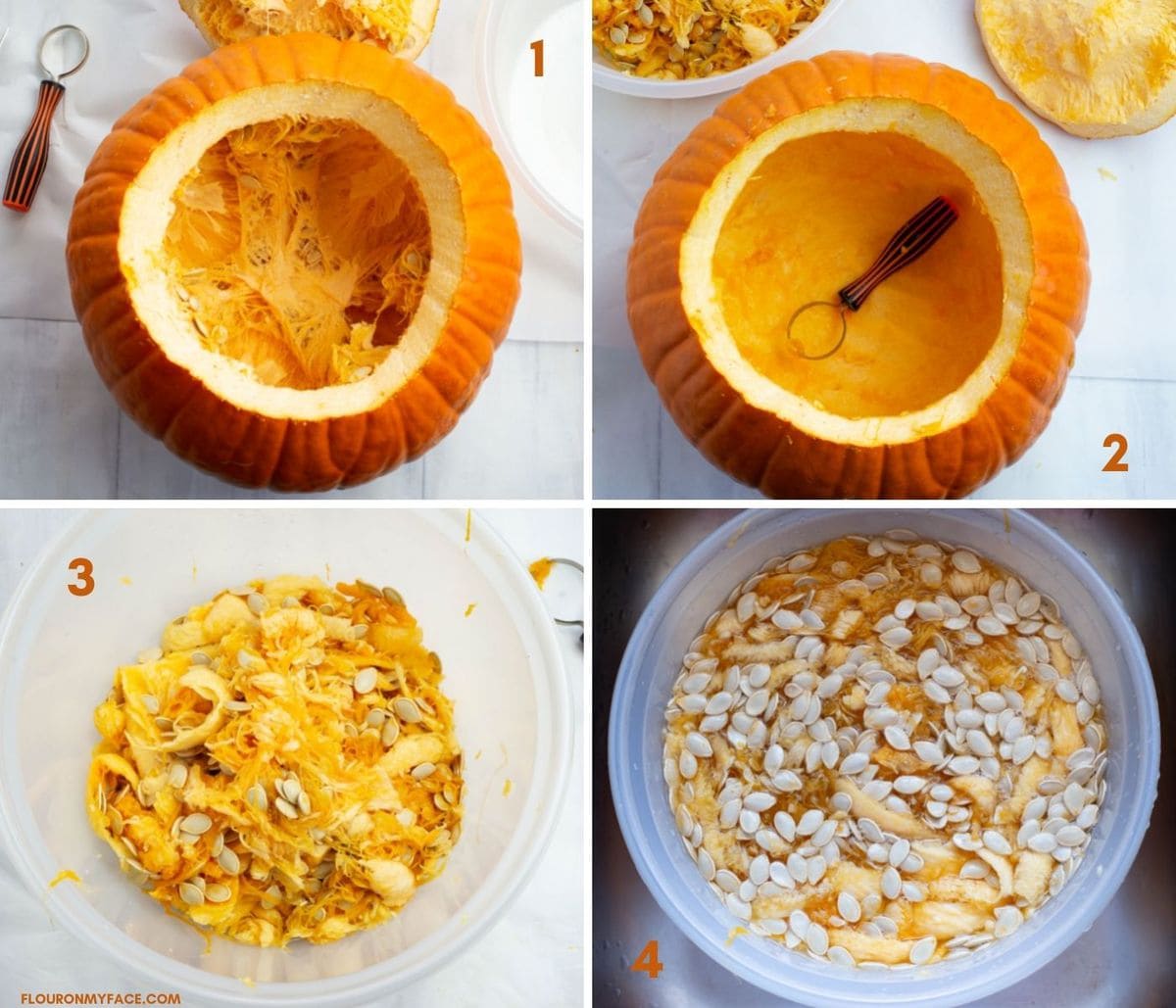 Collage image with the four steps of cleaning pumpkin seeds out of a pumpkin.