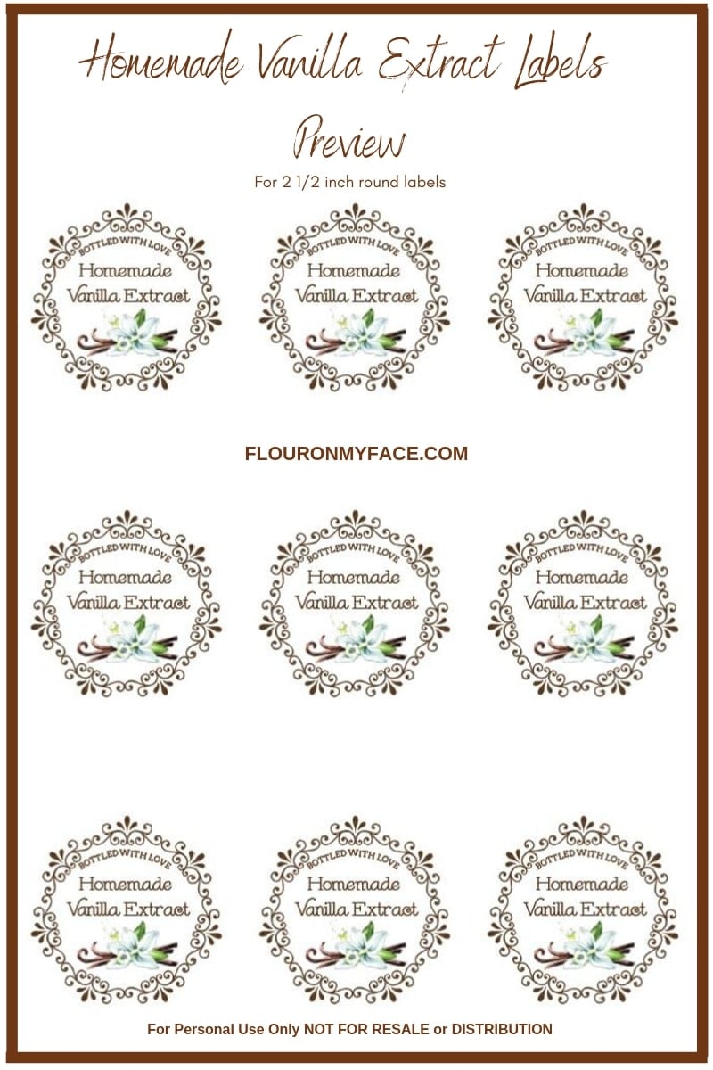 Preview image of a sheet of free homemade vanilla extract labels. Round labels will fit a 4 oz glass bottle perfect.