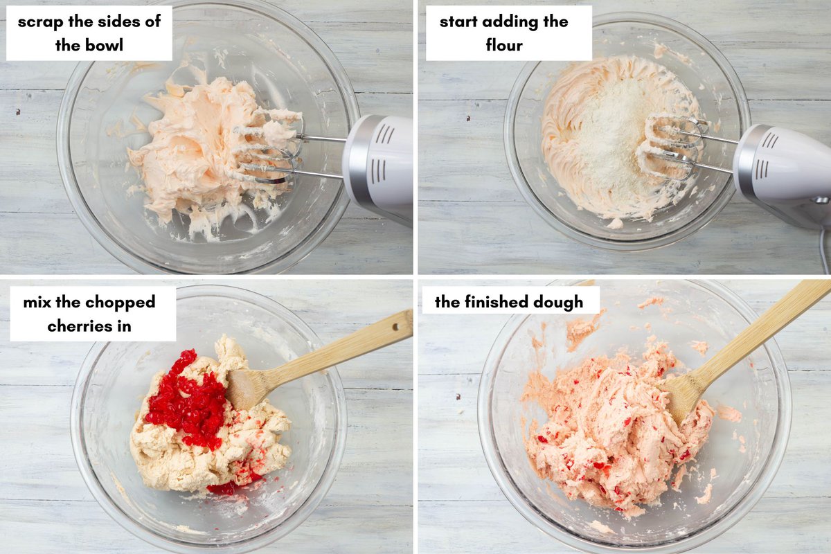 Four image collage showing how to mix the flour and cherries into the blossom cookie dough.