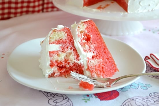 A slice of Strawberry Jello Poke Cake