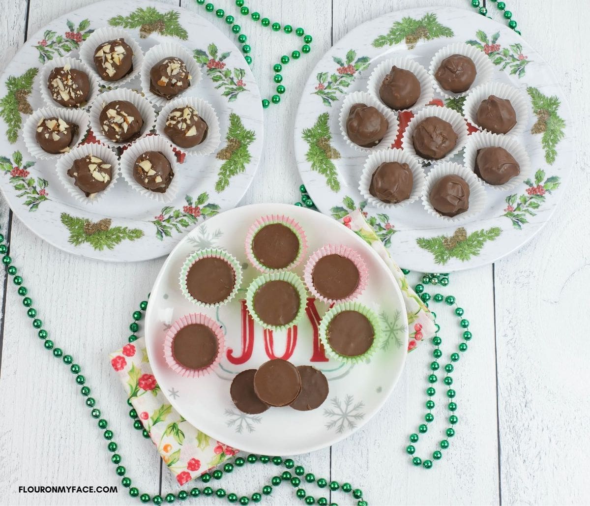 Chocolate covered coconut candy for Christmas made three different ways on holiday plates.