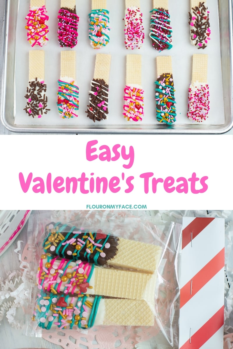 two photos showing chocolate dipped wafer cookies. One shows the cookies after they have been dipped and are hardening. The other shows the cookies in Valentine Day Treat Bags