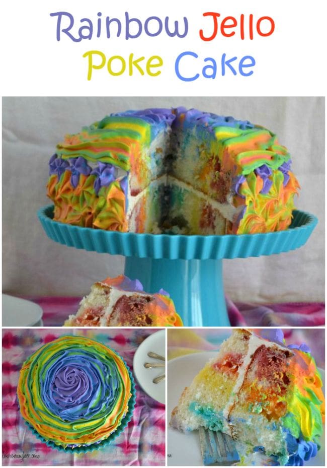 Collage of Rainbow Poke Cake on a cake stand and a slice on a plate.