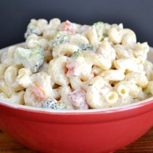 Ranch Pasta Salad Recipe in a red serving bowl