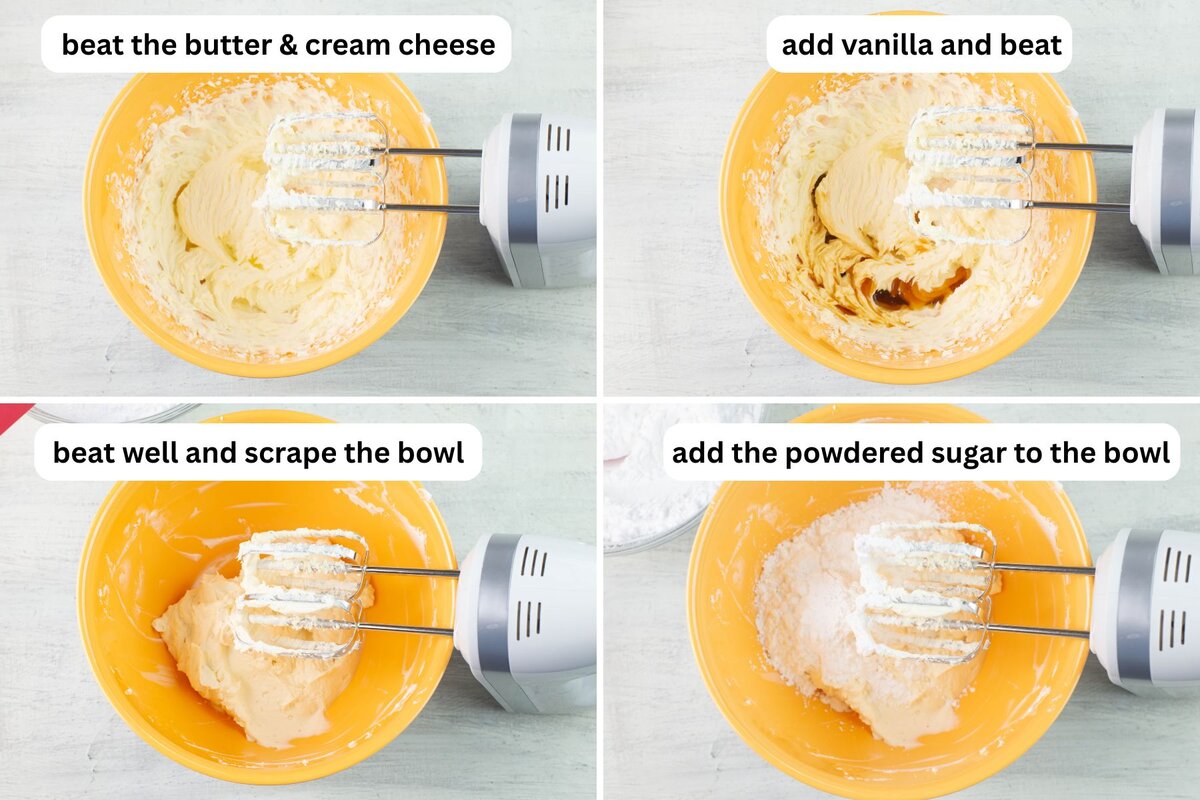 4 images showing the steps to mixing the frosting.