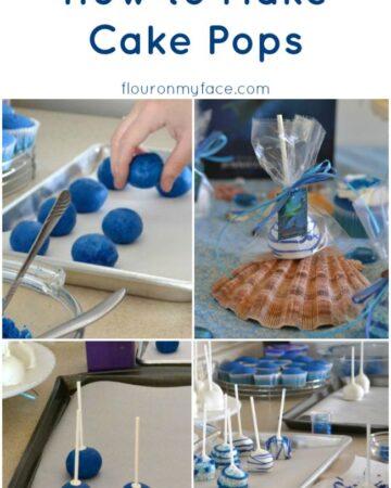 Collage of the steps to make cake pops.