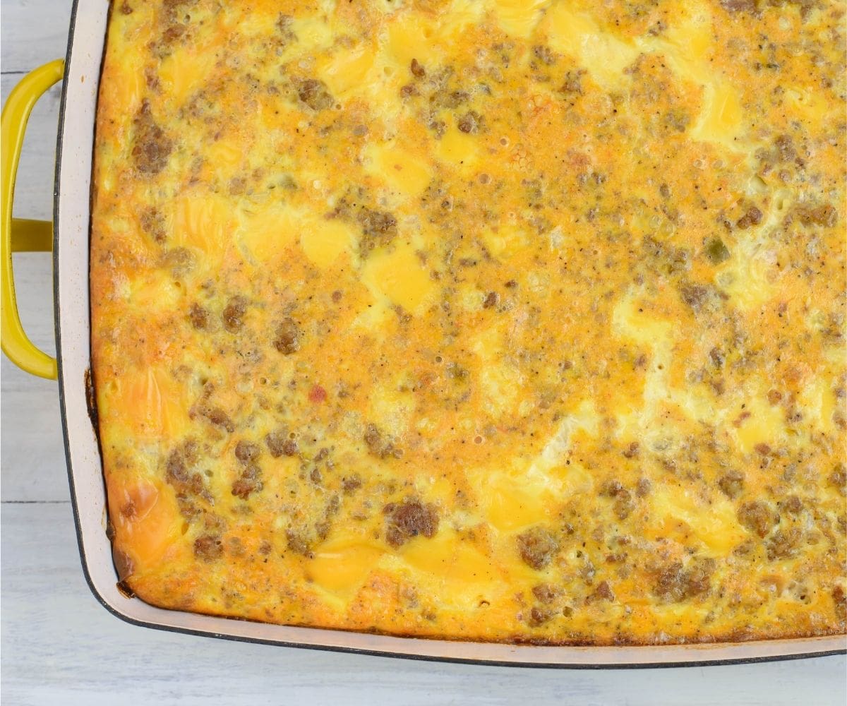 Hot out of the oven baking dish of a cheesy egg casserole.
