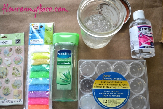 Supplies needed to make DIY Fairy Dust or Fairy Glitter Gel for a Fairy themed birthday party.