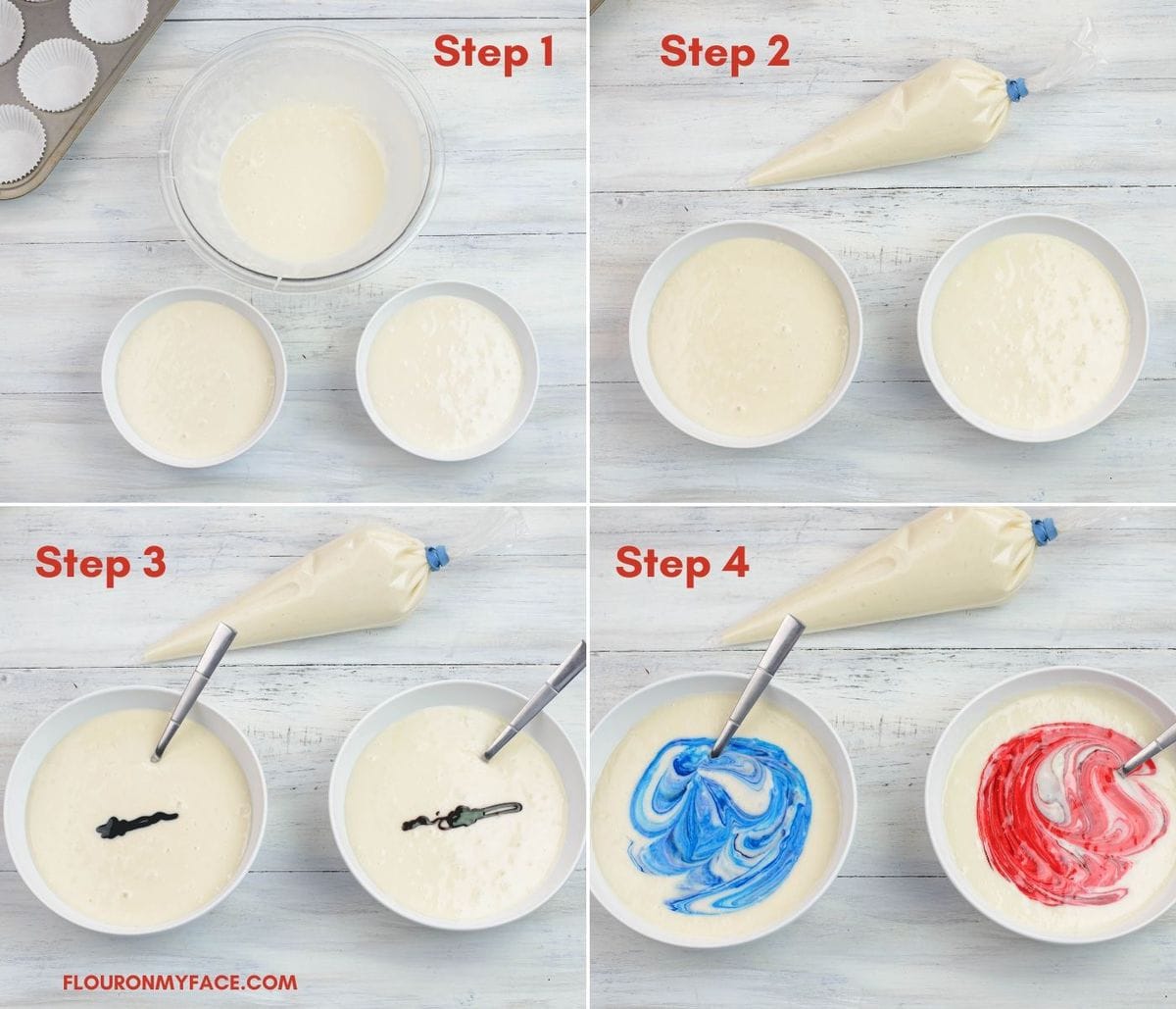 Collage image of four steps of coloring the cake batter for food coloring.