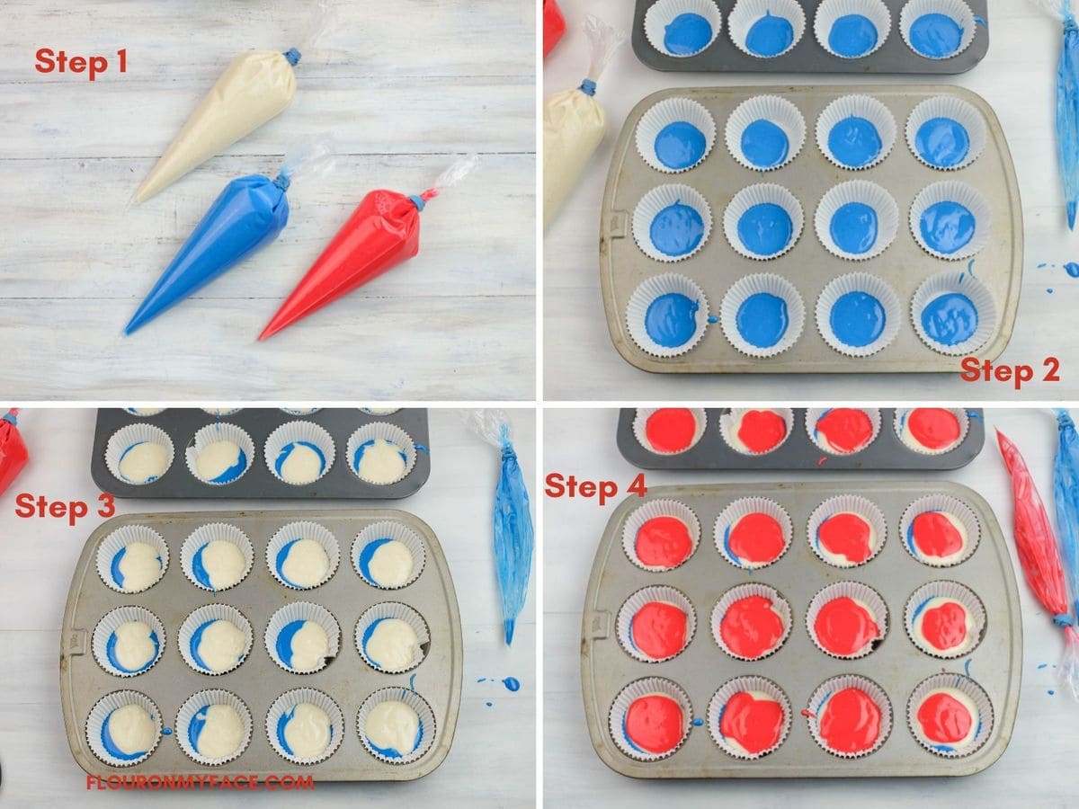 Four photo collage of the steps to make red, white and blue cupcake batter.