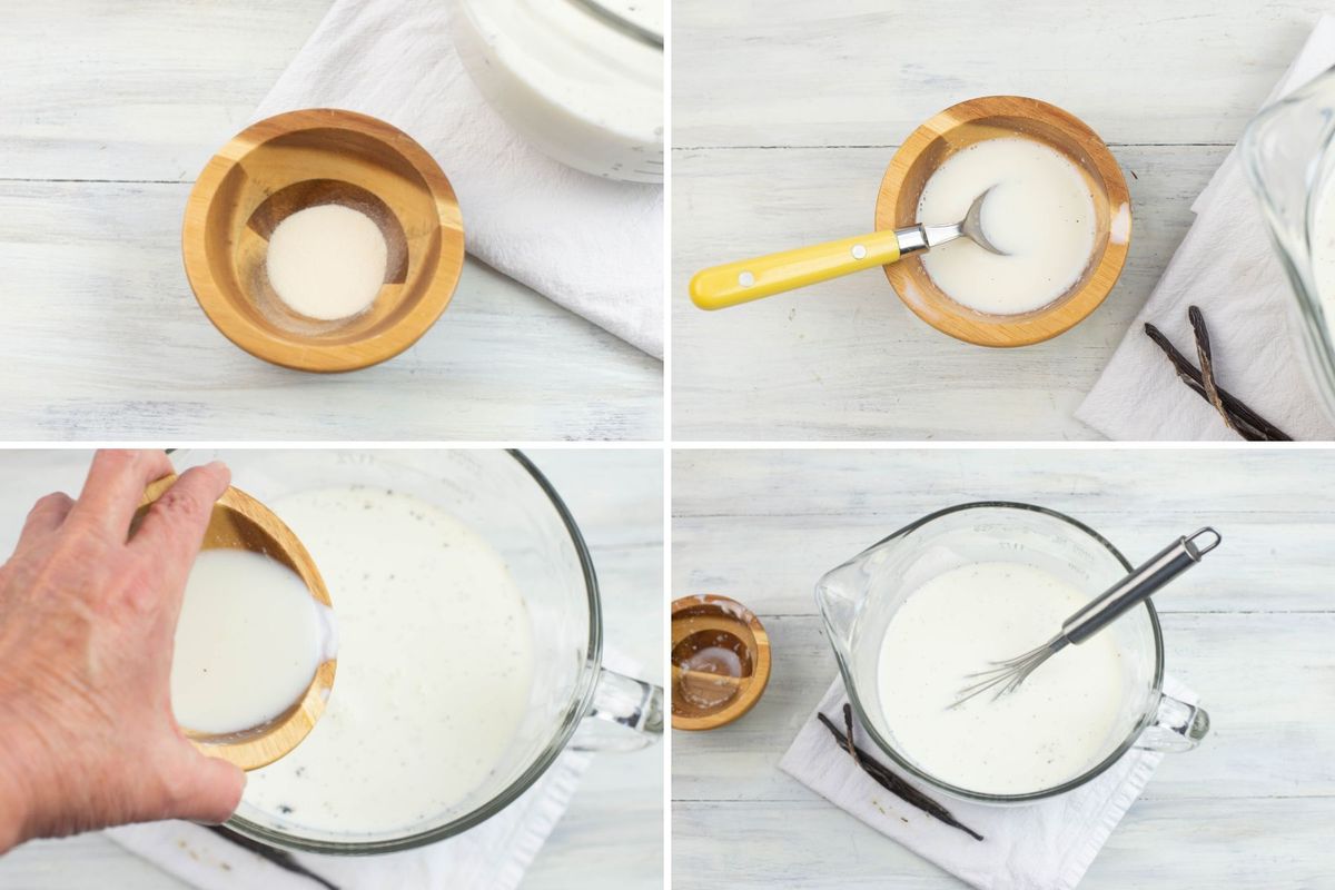 Four image collage of mixing warm milk with yogurt starter then pouring it into the pot.