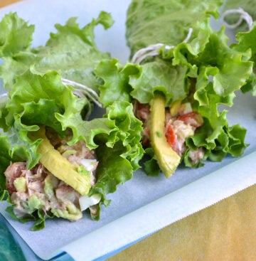 Tuna Avocado Lettuce Wrap on a serving tray