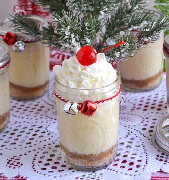 Holiday Eggnog Cheesecake in a Jar Recipe via flouronmyface.com