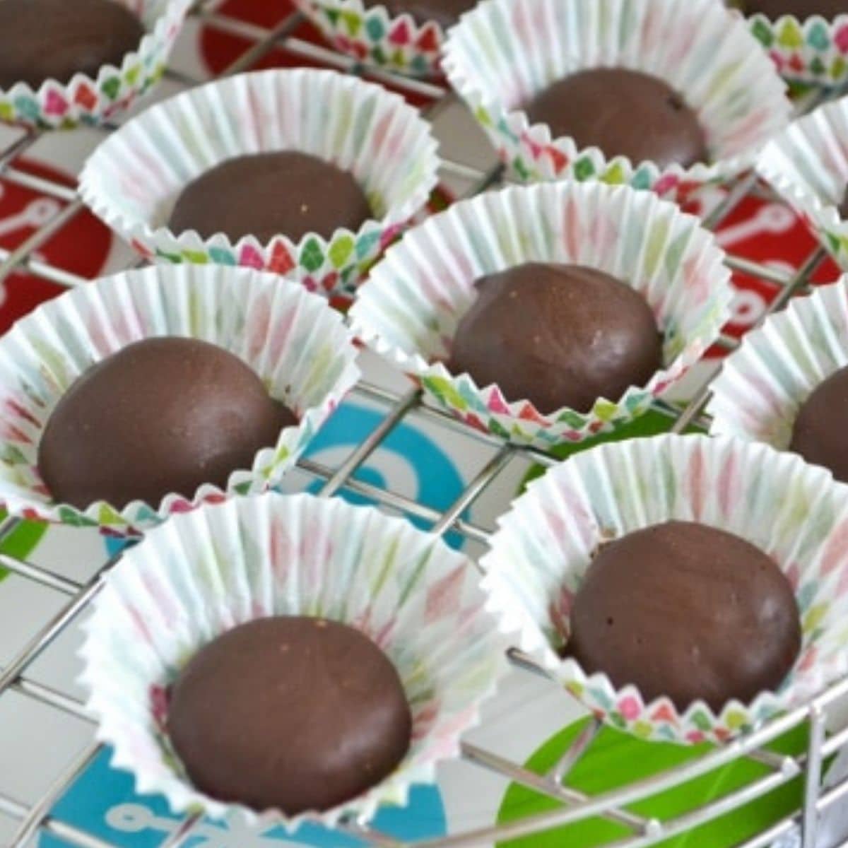 Homemade chocolate covered raspberry jellies in white paper cups.