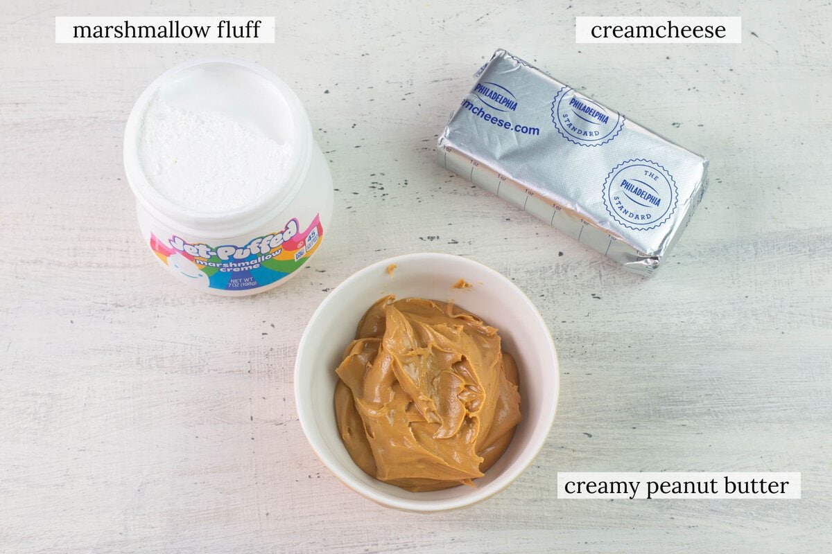 3 ingredients, marshmallow fluff, cream cheese, creamy peanut butter to make fluffy peanut butter dip recipe.