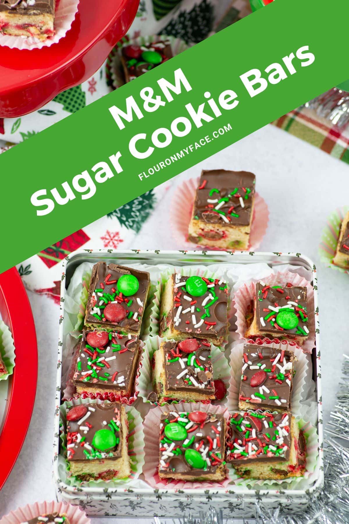 M&M Sugar Cookie Bars for Christmas in a holiday gift box.