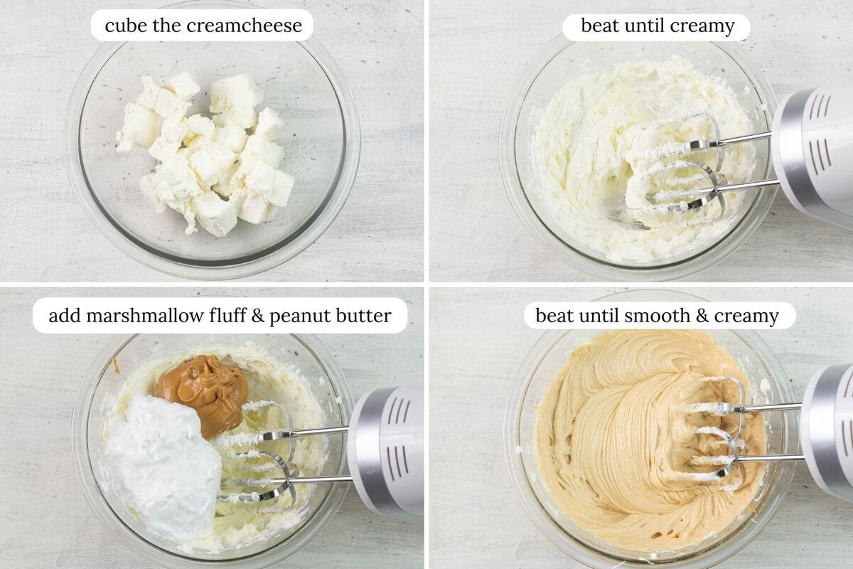Four photo collage of the steps to make fluffy peanut butter fruit dip.