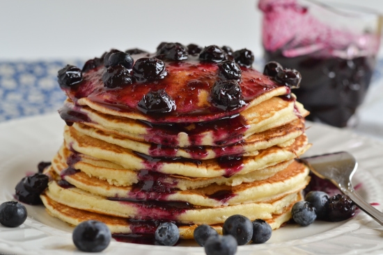 Buttermilk Pancakes with Homemade Blueberry Syrup via flouronmyface.com