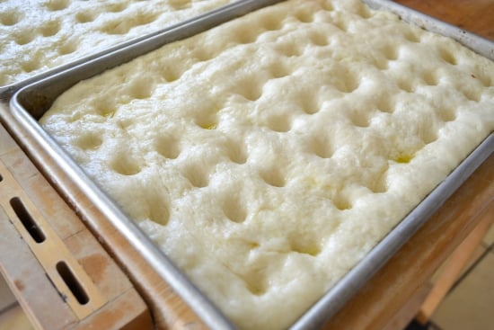 docking fresh dough, docked focaccia dough, homemade focaccia, how to make focaccia bread