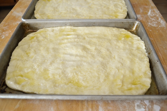 Focaccia formed in the pan, focaccia dough, making focaccia, favorite focaccia recipe