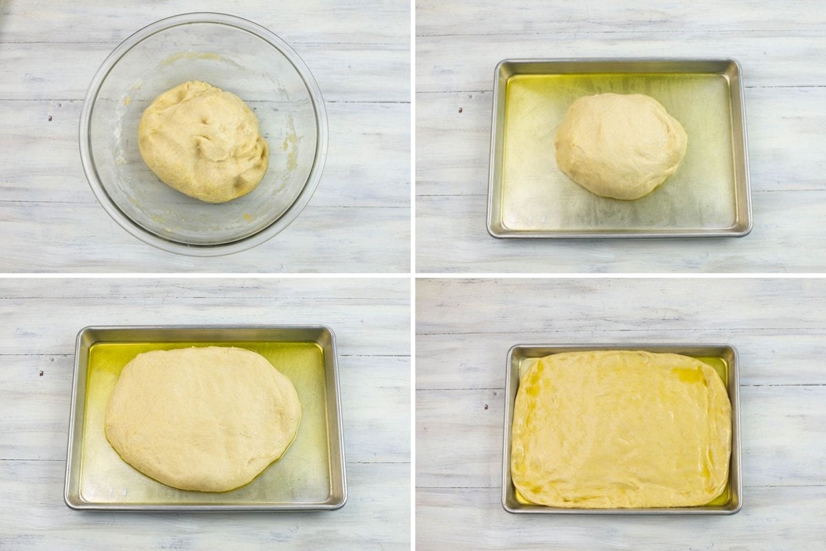 4 steps to working dough into a baking pan for focaccia.