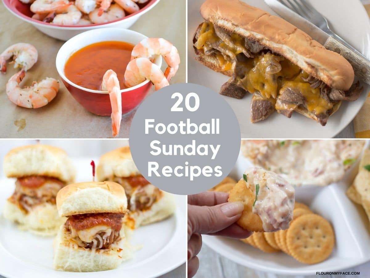 4 photo collage of football food recipes.