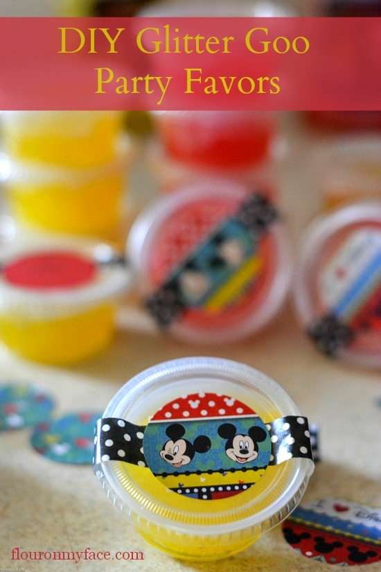 Glitter Slime, DIY Glitter Goo Party Favors, DIY Party Favors, DIY Glitter Goo, Kids Party Ideas, Kid party favors, mickey mouse party favors, diy disney party,