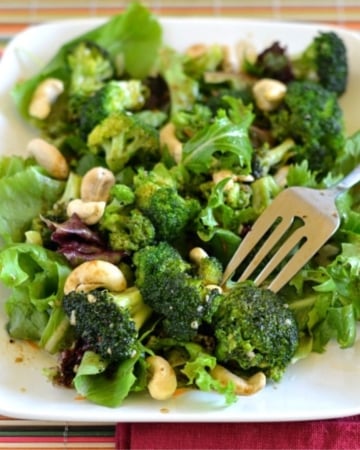 Roasted Broccoli Salad served on a white salad plate.