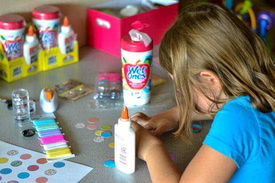 Easy Bottle Cap Necklace Charms, Elmer's Glue, Wet Ones wipes, back to school, summer crafts for kids