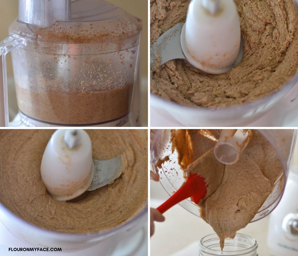 4 phhotos showing the difference constiancy of homemade almond butter.