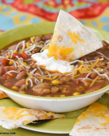 A bowl filled with turkey chili.