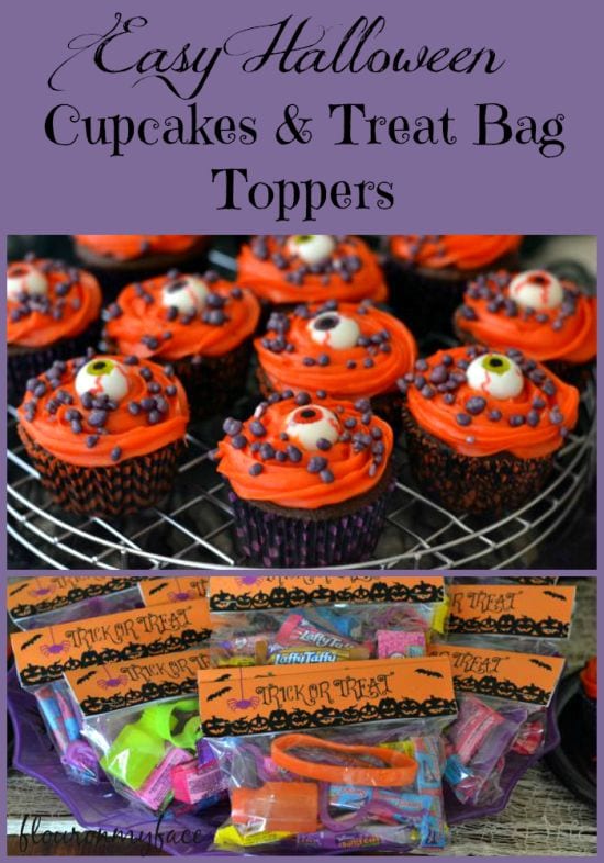 Easy Halloween Eye Ball Cupcakes and a free Halloween Treats Bag Topper printable via flouronmyface.com