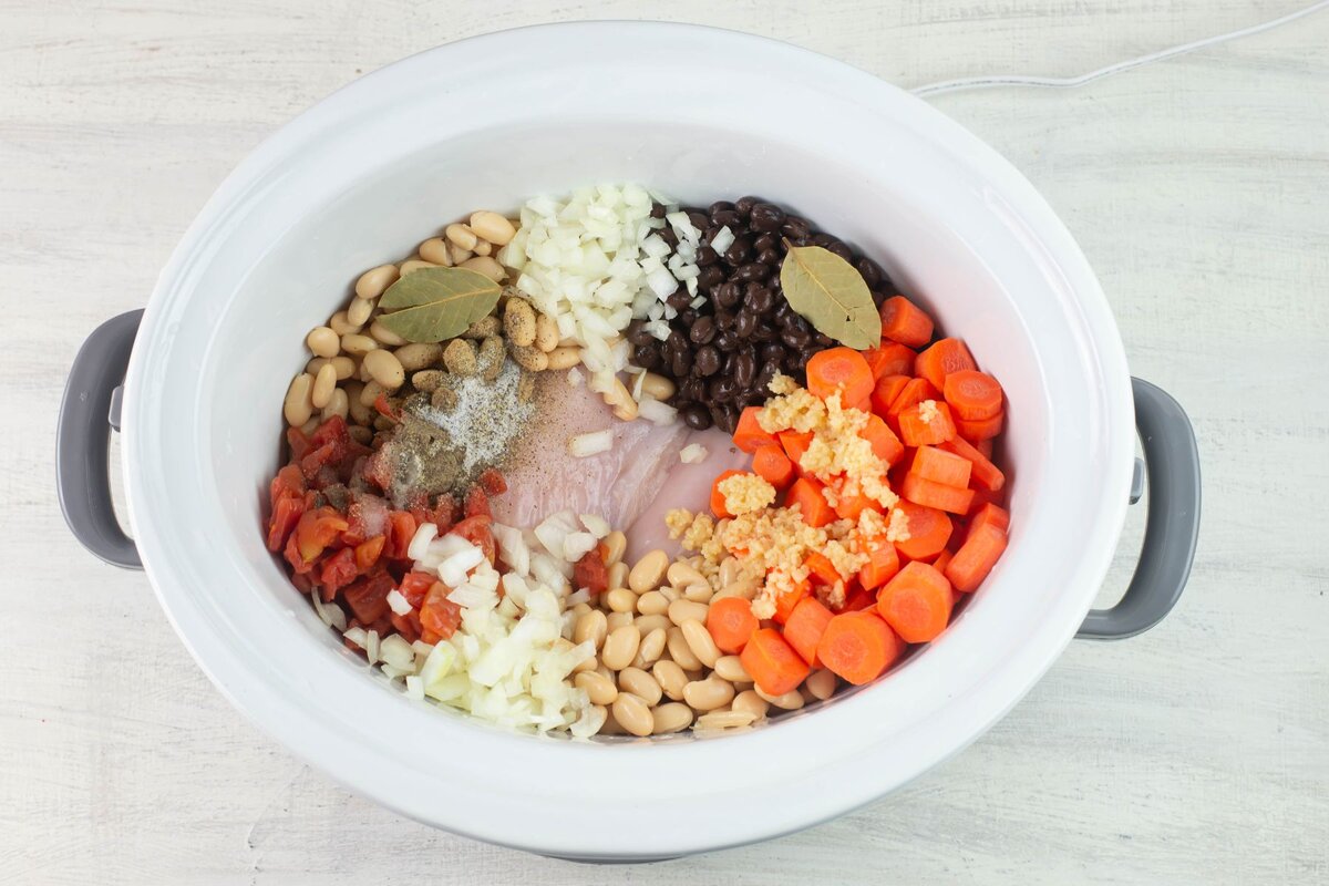 Soup ingredients in the slow cooker.