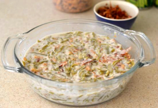 easy holiday side dish recipe Green Bean Bacon Casserole via flouronmyface.com