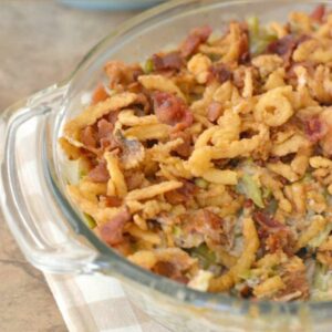 Green Bean Bacon Casserole in a glass baking dish.