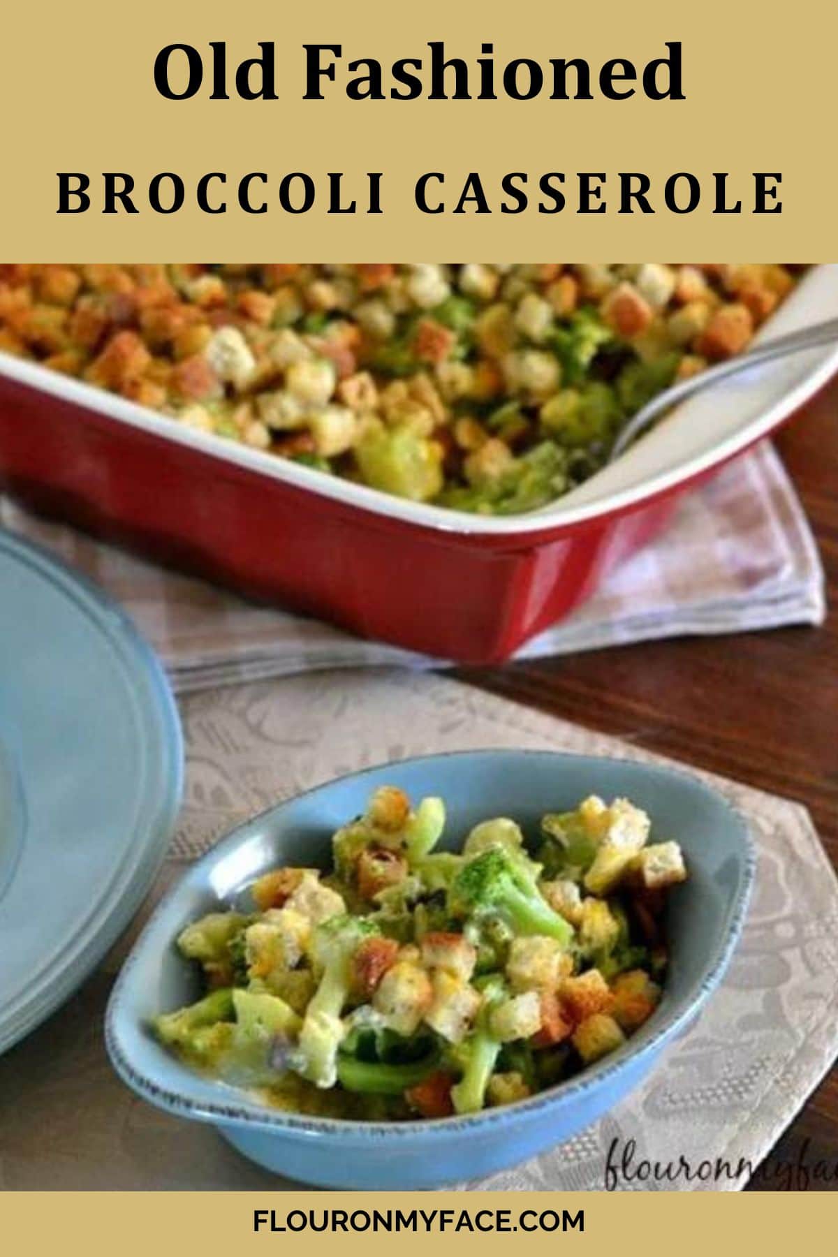 Vertical preview image of a casserole dish filled with broccoli casserole.