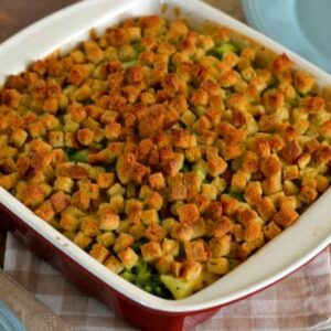 Old Fashioned Broccoli Casserole fresh out of the oven in a casserole dish.