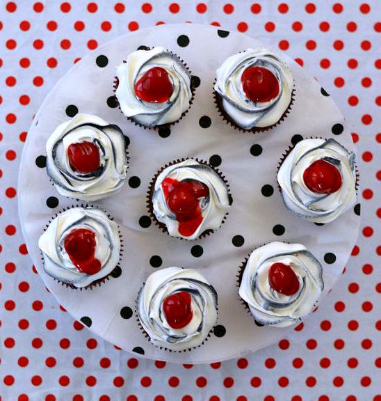 Easy Black Forest Cupcakes with a black swirl frosting