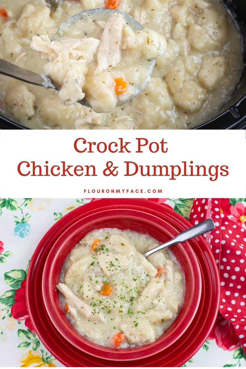 Featured image of easy crock pot chicken and dumplings recipe made with canned biscuits. The first photo shows a ladle filled with the thick chicken and dumpling. The bottom photo is a red bowl filled with a serving of chicken and dumplings.