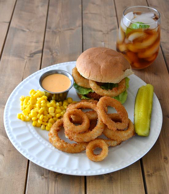 Buffalo Chicken Sandwich with Alexia Onion Rings